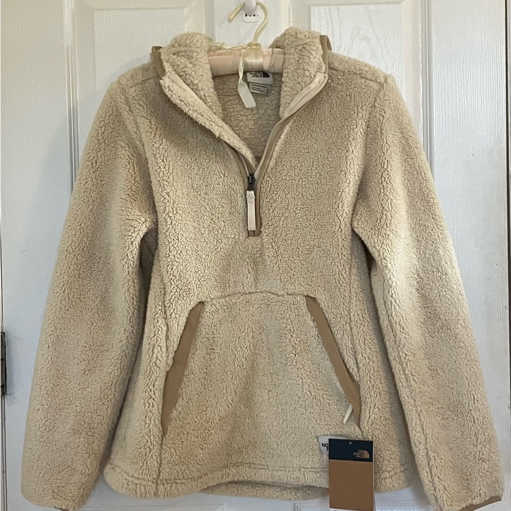 The North Face Cream Sherpa Pullover with Logo Tag